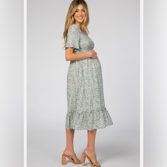 Pinkblush | Dresses | Pinkblush Light Blue Floral Ruffle Maternity Midi ...